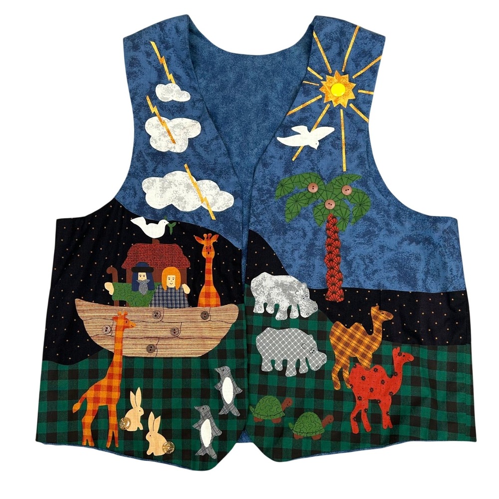 Vintage Noahs Ark Vest Handmade Folk Art To Wear Whimsey Teacher Kitschy L XL